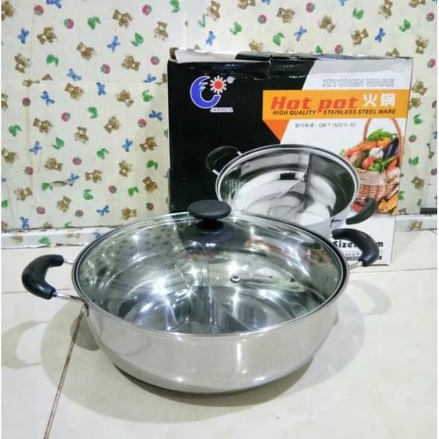 Panci Shabu Shabu 30cm / panci sekat tutup kaca / panci sekat 2 stainless / Suki pan 30cm stainless