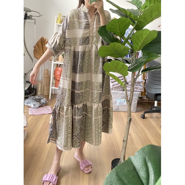 Dress satin motif abstract bunga bunga model vinatage Libby lilac dress