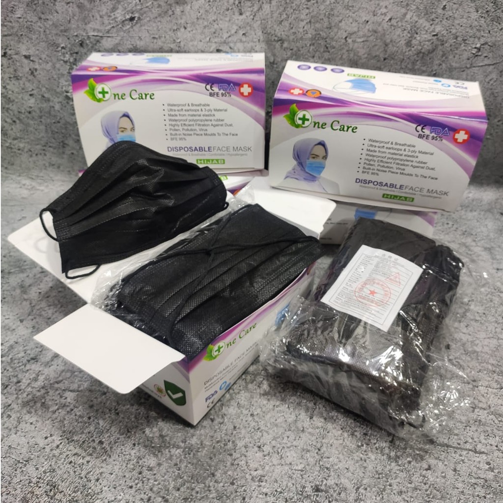 MASKER HIJAB HEADLOOP NECARE NE CARE 3PLY MEDICAL GRADE BNPB BOX ISI 50pc - BIRU - HIJAU - HITAM BLACK