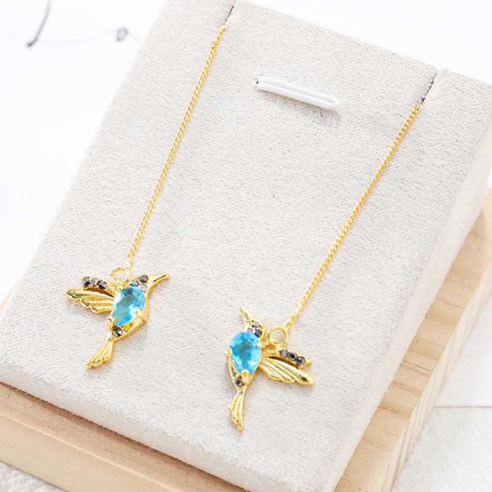 Hu Hu Hu Hu Hu Alat Bantu Pasang Kacamata♡ Anting Tusuk Gantung Panjang Desain Burung Kolibri Hias Berlian Imitasi Untuk Wanita