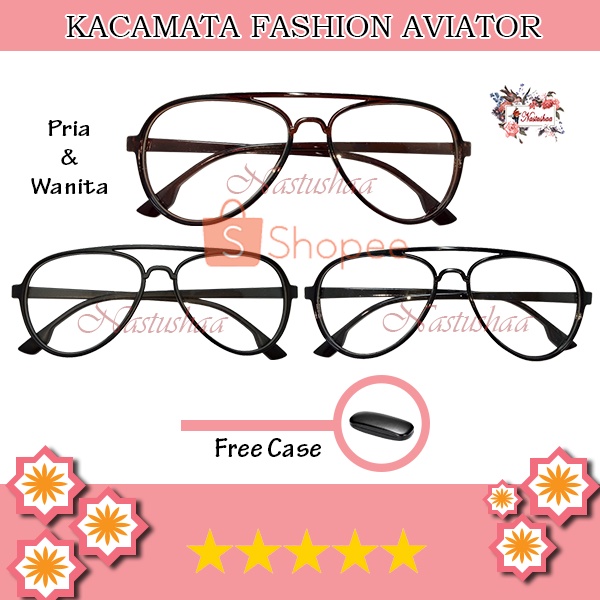 Kacamata Lensa Transparan Fashion Eye Glasses Pria Wanita Unisex Aviator Bening Kaca Mata Normal FREECASE