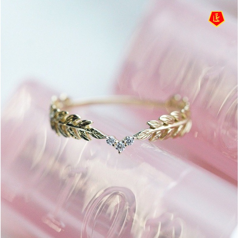 [Ready Stock]Creative Simple Gold Leaf Diamond Ring