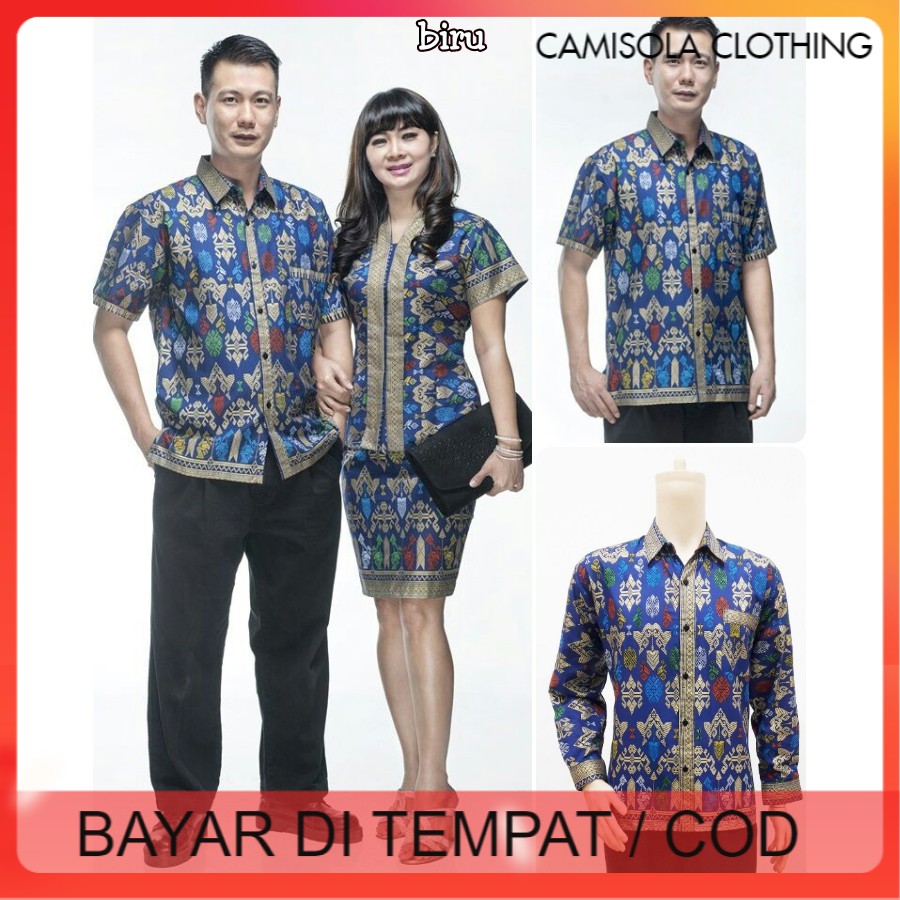 BATIK SARIMBIT COUPLE KELUARGA AYAH IBU ANAK SERAGAMAN COPEL ROK N BLUS SANTIKA PRODO PENDEK BIRU