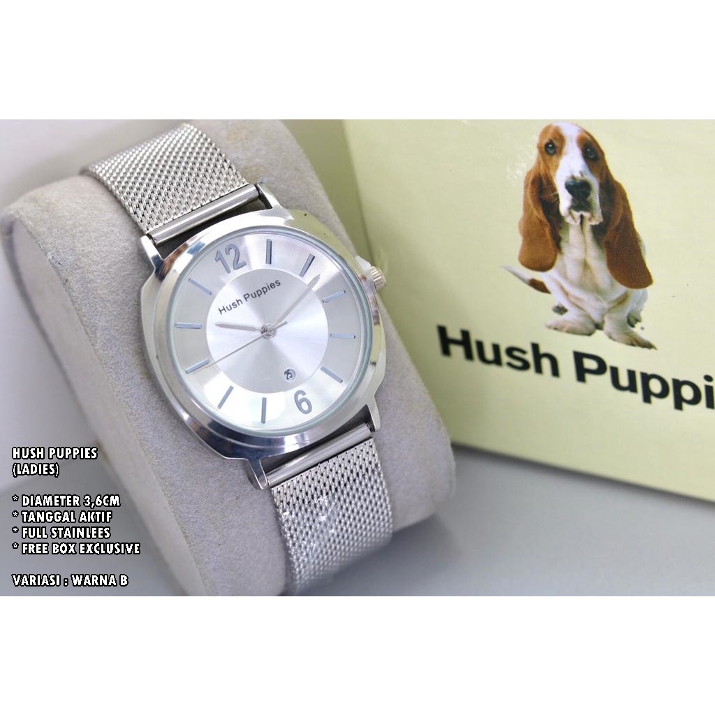 JAM TANGAN WANITA HUSH PUPPIES RANTAI PASIRBODY BULAT TANGGAL AKTIF