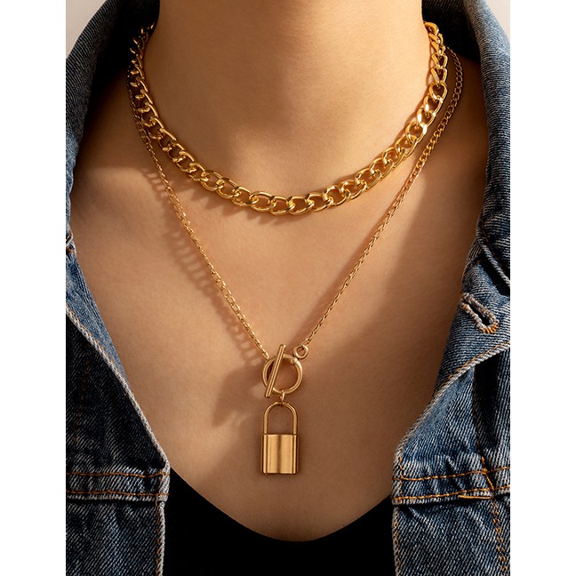 LRC Kalung Fashion Golden Geometric Chain One Word Buckle Lock Multi-layer P75583