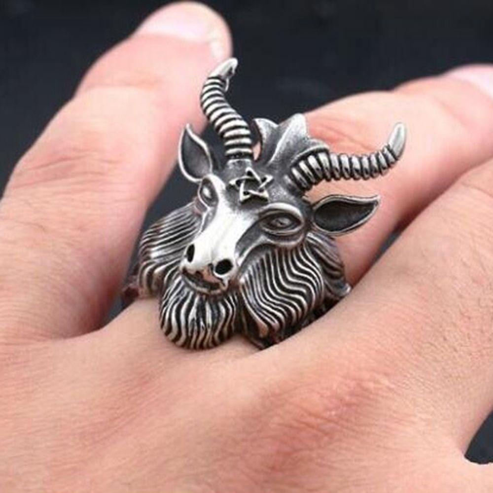 Lily Sheep Head Ring Cincin Pria Perak Antik Vintage Totem Ukir