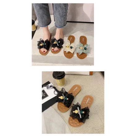 Sandal Slop Wanita Fashion Brukat Pita Mutiara Import High Quality S2