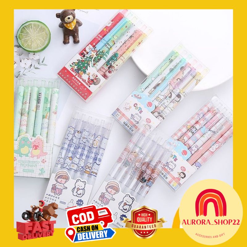 [COD] 6 pcs 1 set Pulpen Gel Mekanik Cute Gaya Korea Import Bulpoin Gel 0.5 mm Bulpen Pen