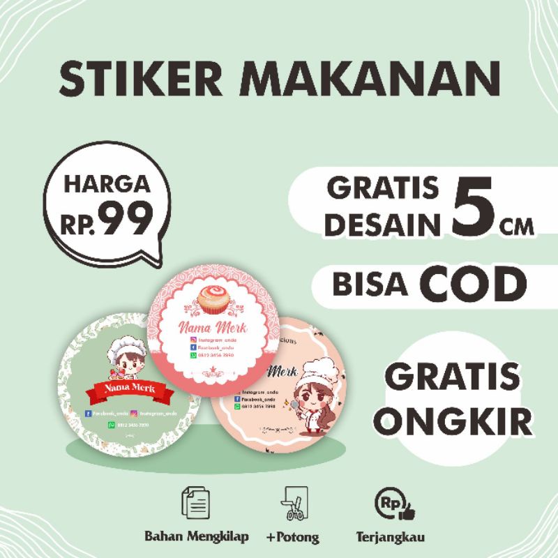 

New stiker makanan/catering/kue/dessert kotak nasi ukuran 5cm