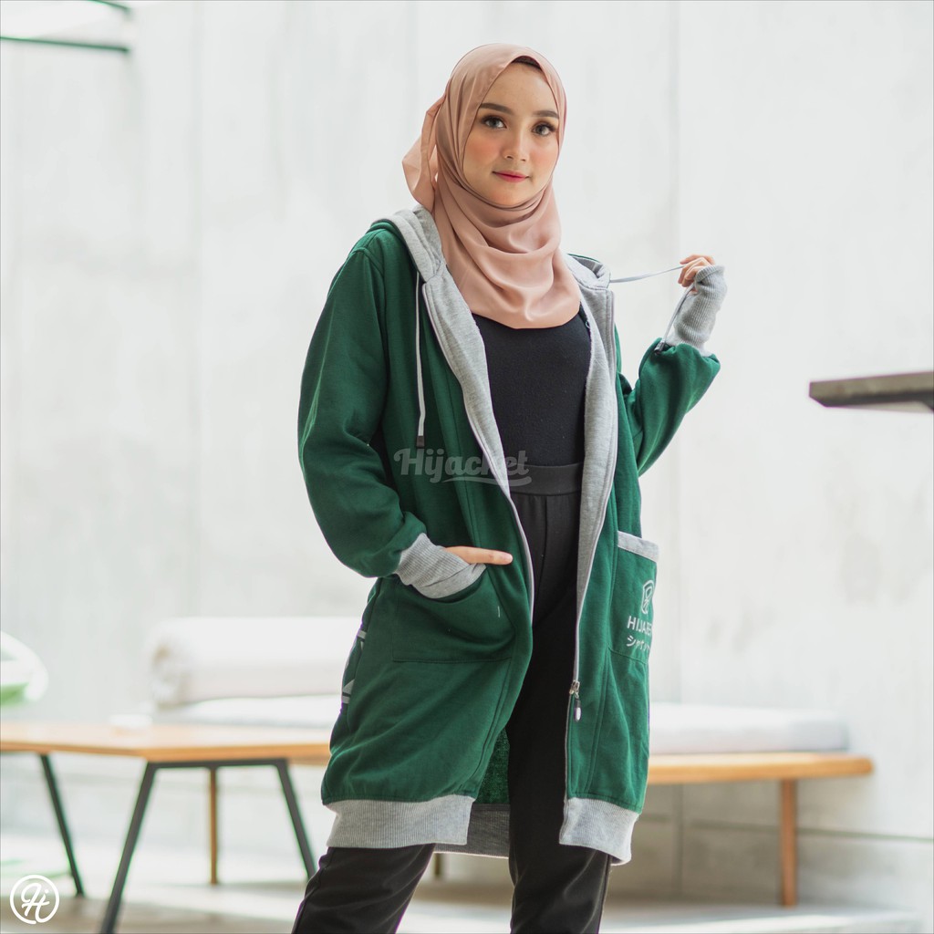 HIJACKET® YUKATA GREEN JAKET PARKA MUSLIMAH BAHAN TEBAL LEMBUT JAKET HIJABERS HIJAKET PARKA-1