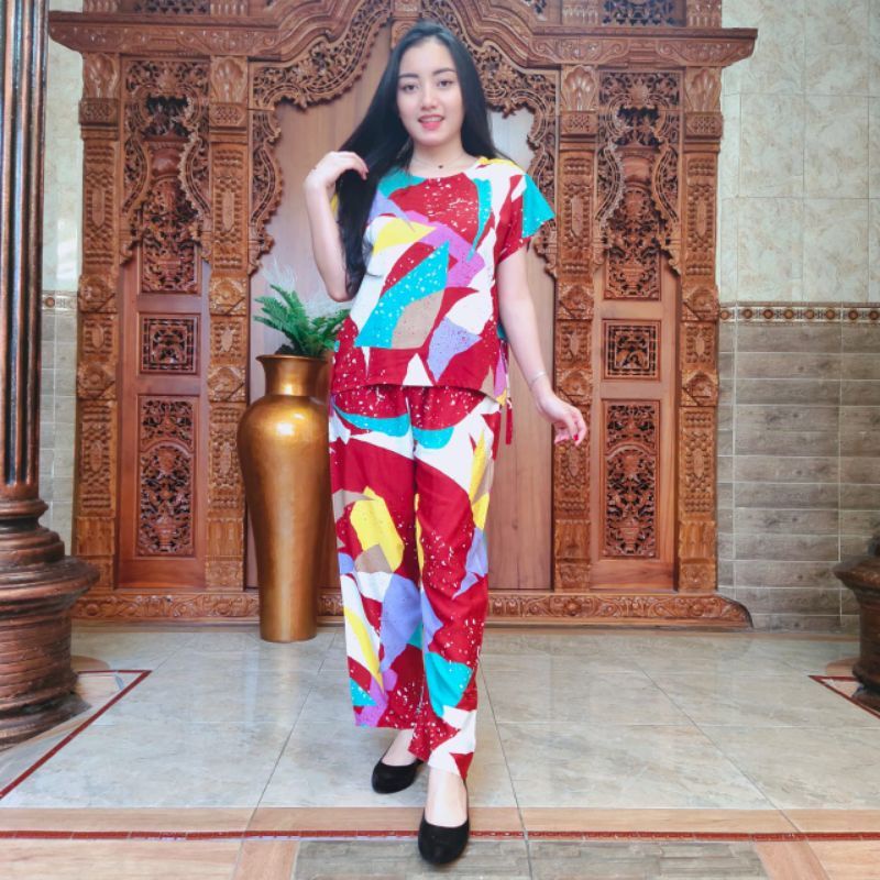 Setelan Celana Panjang One Set Piyama Bali Ethnic Batik-JStrip Maroon