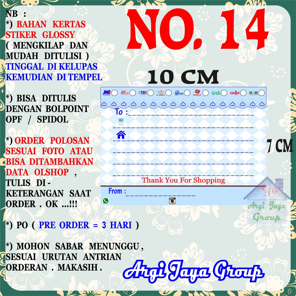 

Stiker Pengiriman - Sticker Alamat Olshop Murah Nomer 14 - 10x7 cm - Glossy