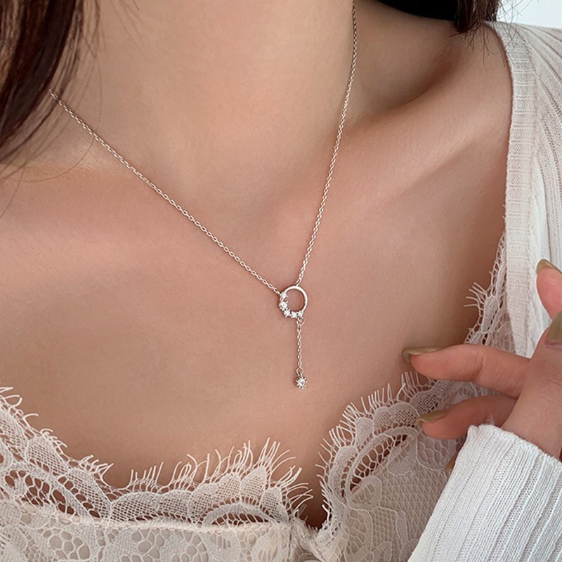 Perhiasan Fashion Wanita Kalung Baja Titanium Perak Rantai Klavikula Liontin Rumbai Zirkon Bunga