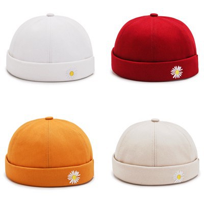 Topi Beanie Motif Bordir Daisy Bahan Katun Kulit 5 Warna Gaya Retro Korea Untuk Unisex