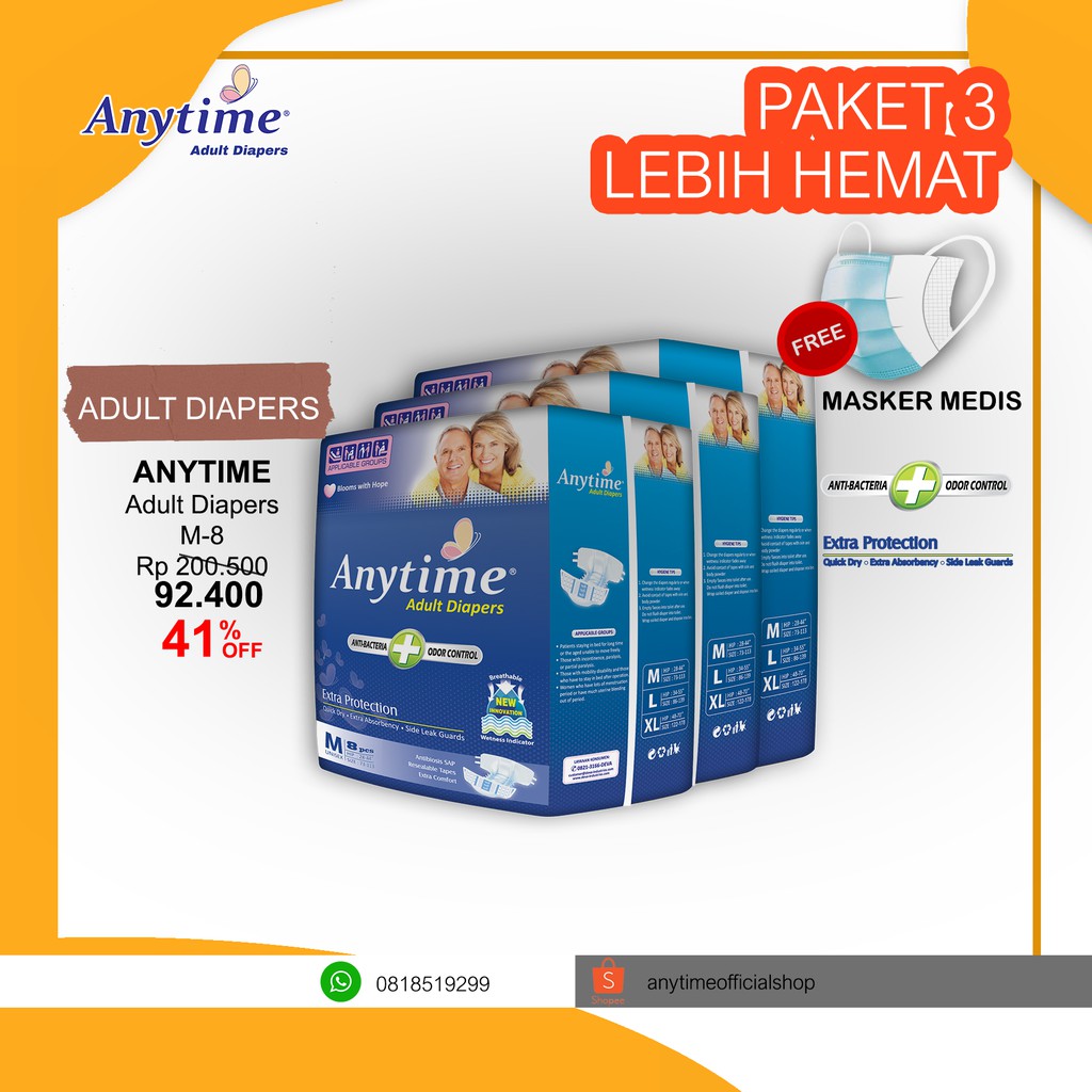 

Anytime Popok Dewasa / Adult Diapers Size M8 - Paket 3 Bags