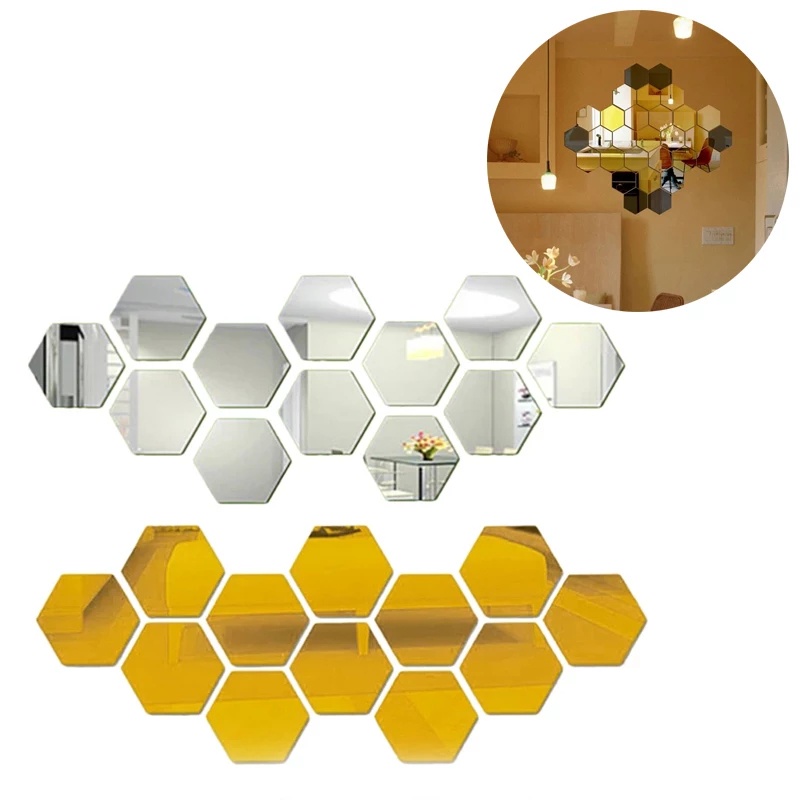 CERMIN KACA HEXAGONAL MIRROR DEKORASI HIASAN DINDING STICKER KACA HEXAGON CERMIN MURAH