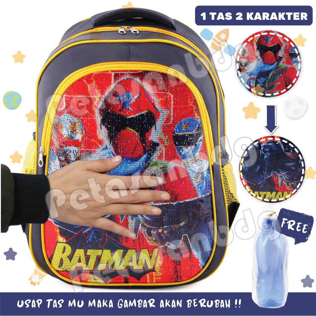 PTS - Tas Usap Ransel Sekolah Anak Cowo / Laki Laki BATMAN &amp; POWER RANGERS - Ransel Model Usap / Swipe Boys + BOTOL