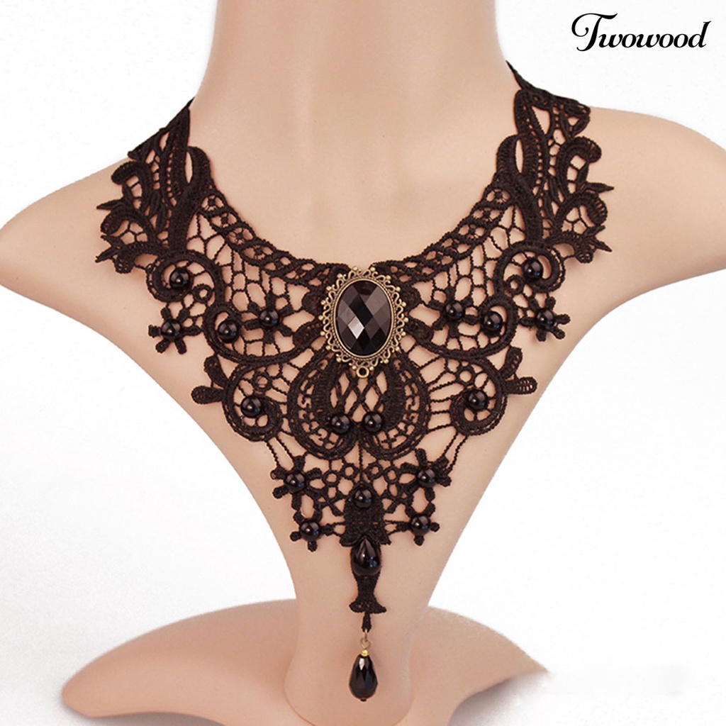 Kalung Choker Adjustable Model Hollow Out Aksen Renda Warna Hitam Untuk Wanita