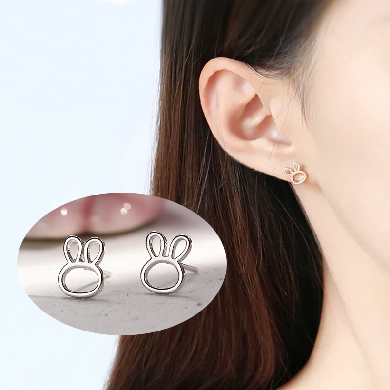 Anting Perak Kelinci Cute Rabbit Silver Earrings Hollow Simple Women Girl Ear Stud Jewelry Party Birthday Gifts