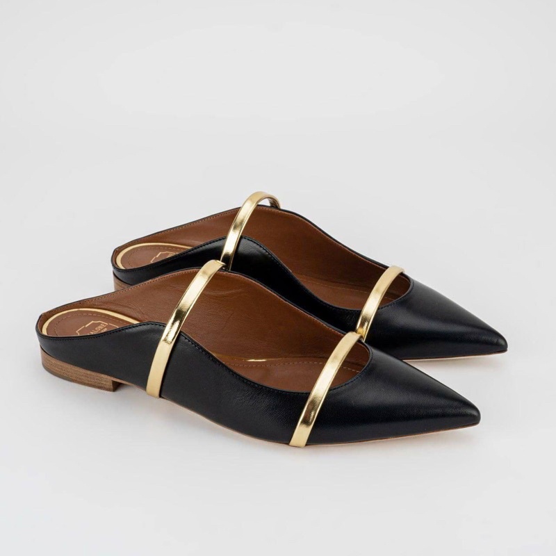 Sepatu malone maureen souliers flat mules leather black gold