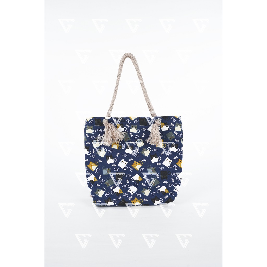 Tote Bag Kanvas Tali Sumbu - Tas Totebag Wanita Talisumbu Kanvas Motif Kucing Navy