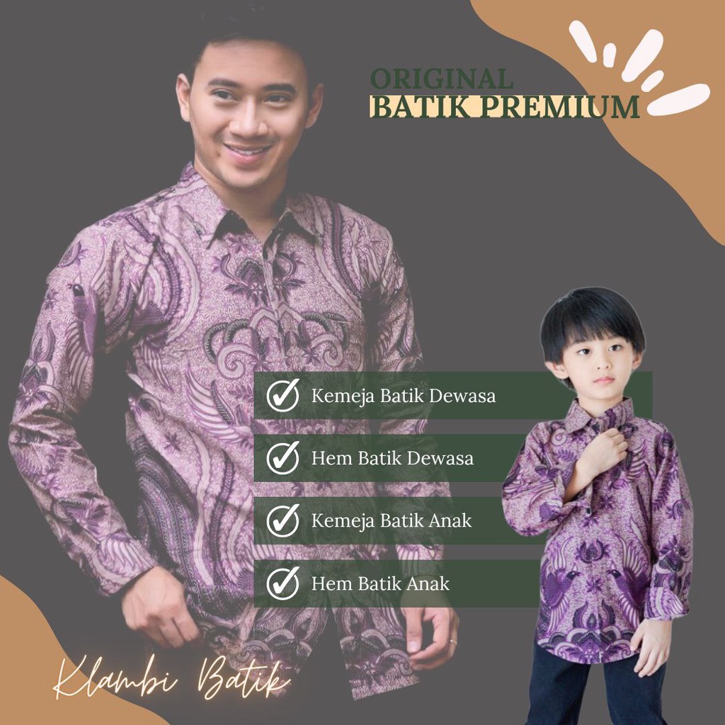 Kemeja Batik Pria Lengan Panjang Couple Dengan Batik Anak Laki-laki Usia 3-13 Tahun Motif Ironman Warna UNgu Dan Coklat