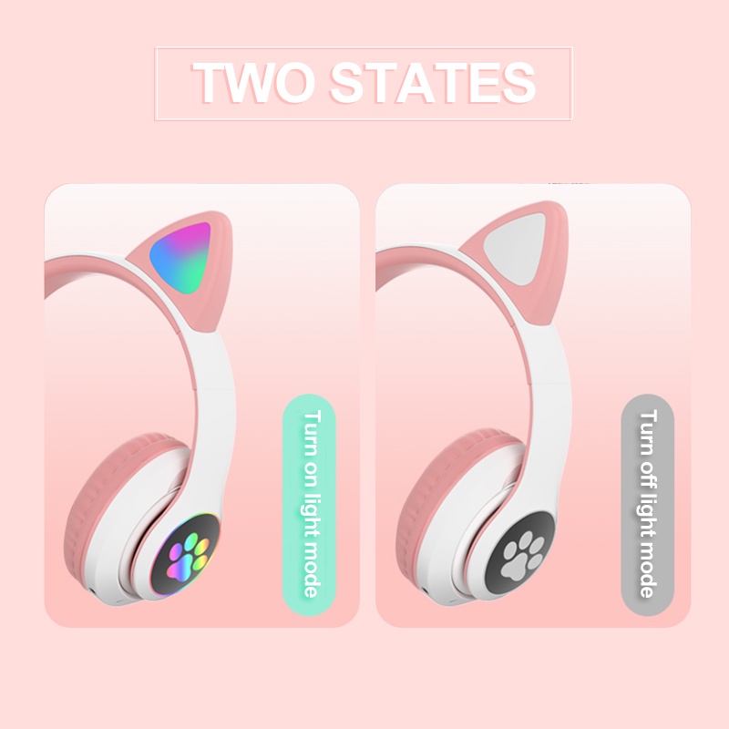 Headset Headphone Bluetooth STN28 Bando Cute Cat Ear STN 28 Macaron Model Telinga Kucing LED