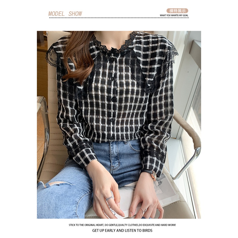 kemeja wanita hitam kotak kotak sifon korea lengan panjang elegant