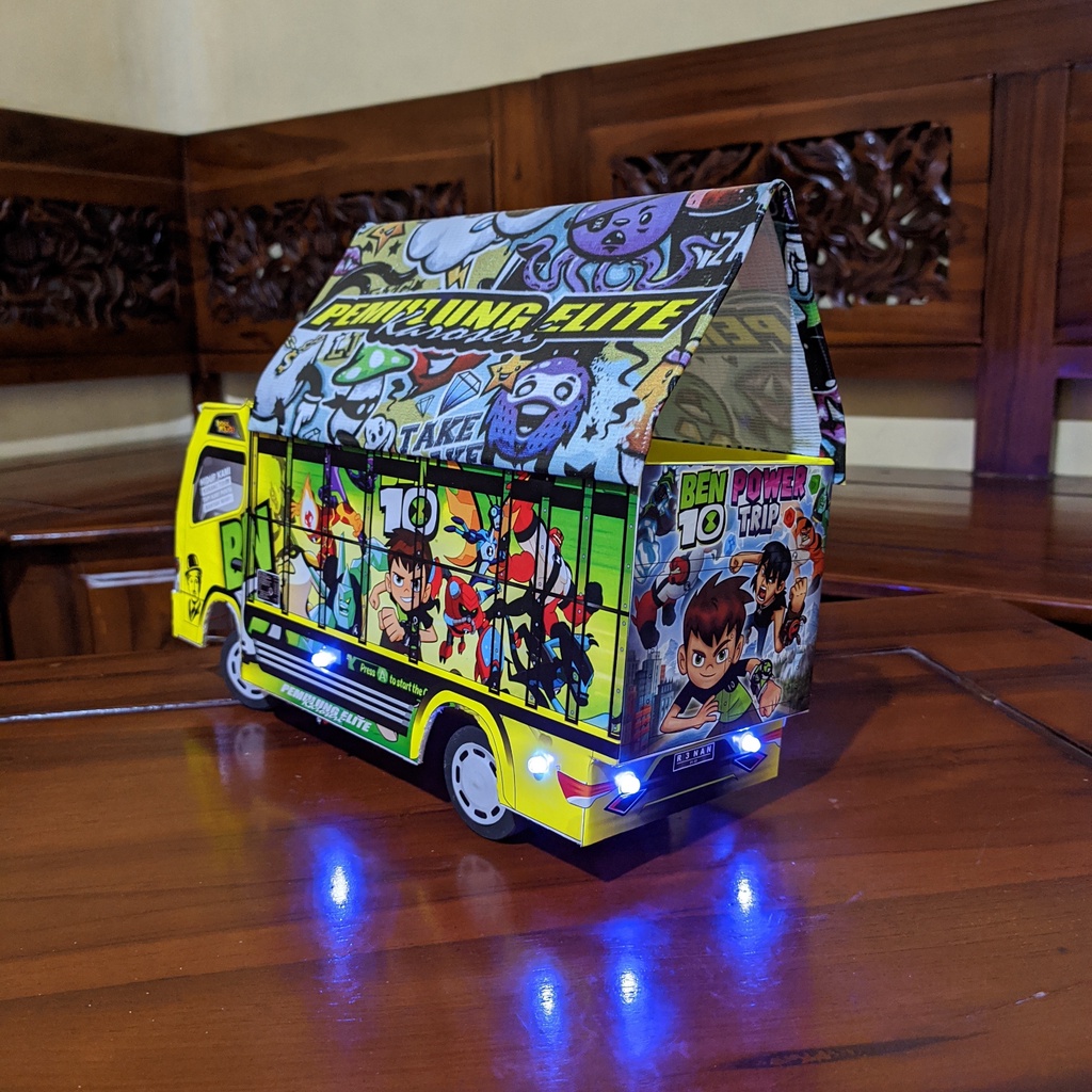 miniatur truk oleng kayu BEN 10 ukuran 30 cm full variasi terpal dan lampu