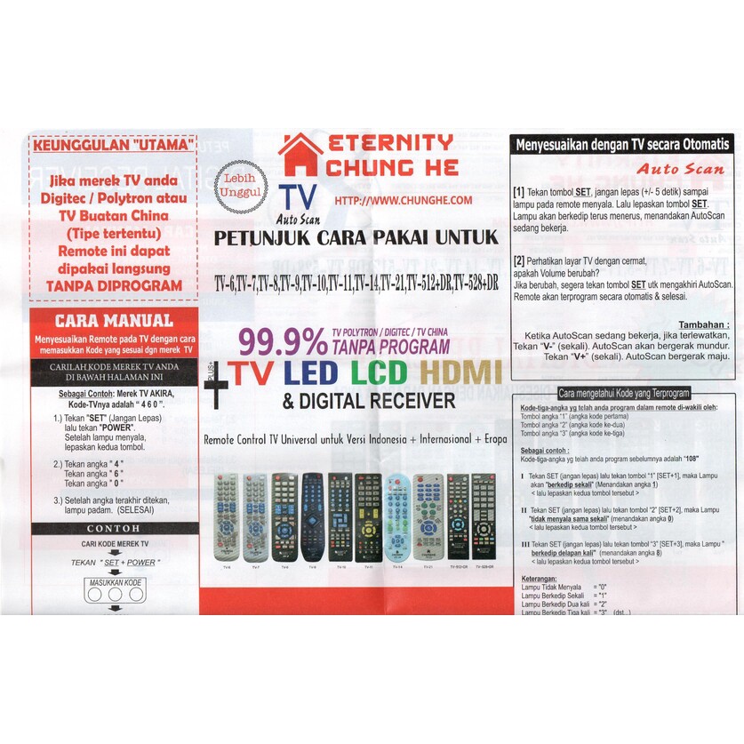 Remot Remote Multi TV LCD LED Tabung +DIGITAL Receiver Chunghe type TV-528+DR multifungsi serbaguna