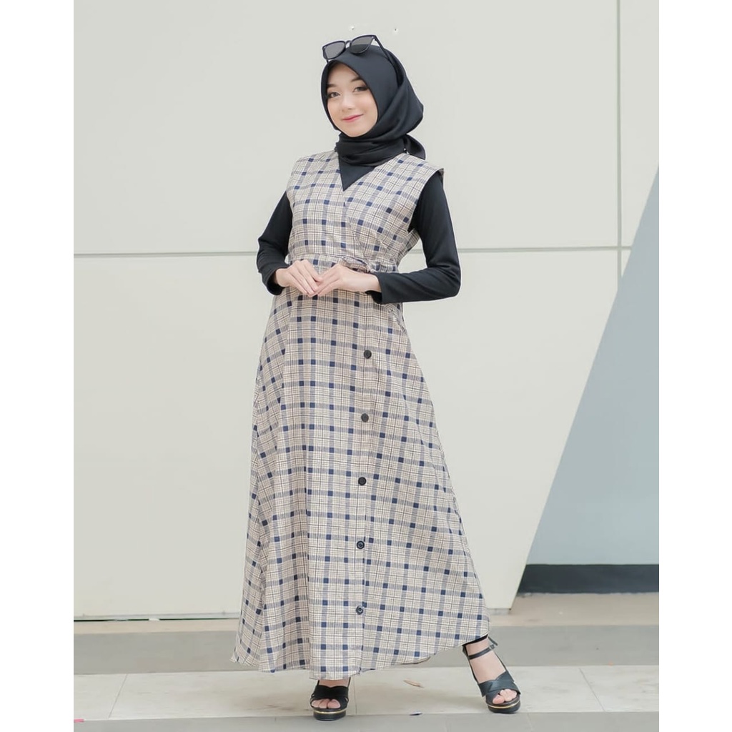 DRESS KHANZA OVERALL kotak / HANDAYANI / MOULY  ootd selebgram remaja busana wanita muslim fashion free inner OVERALL dress remaja baju muslim anak tanggung outer terbaru lebaran ecer grosir reseller dropshiper manset