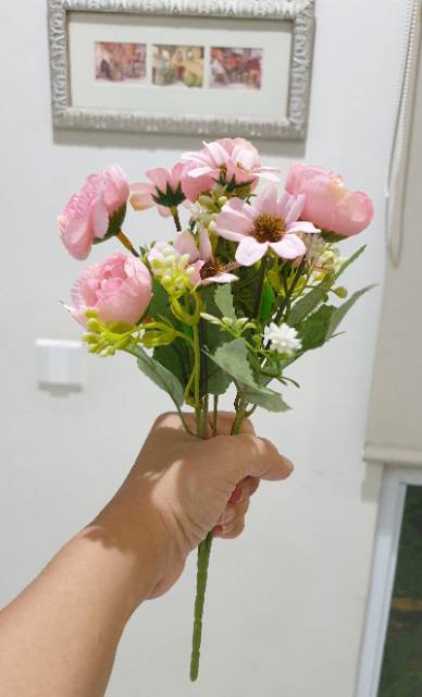 PEONY 5 kuntum + aster 5 kuntum + 5 babybreath BUNGA ARTIFICIAL PALSU Dekorasi-8