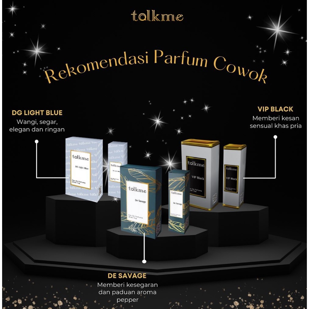 TALKME (30ml / 6ml) parfum murah berkualitas tahan lama bpom talk me parfume wangi mini size full jo peony de savage vanilla baccarat scandal vi secret tease coco moiselle black op english dg light blue wangi seharian tubuh badan termurah tangerang grab