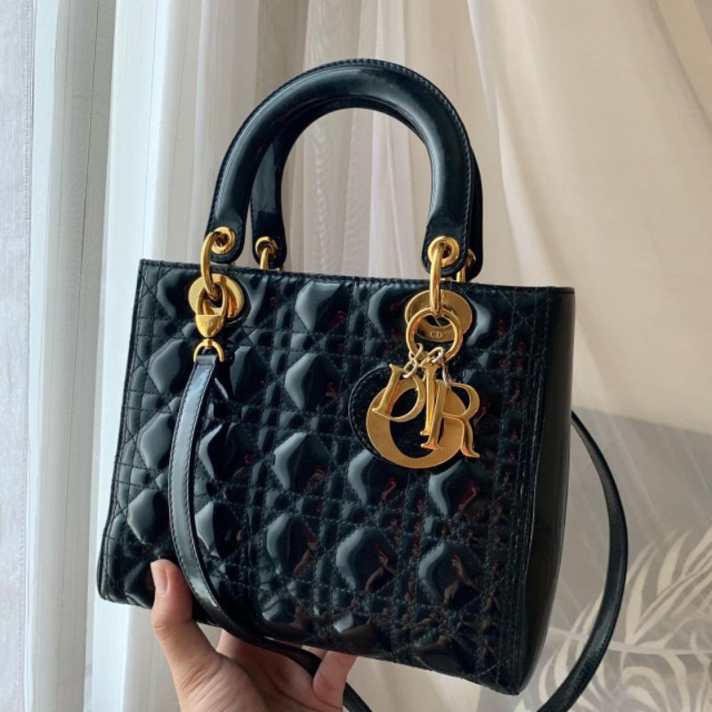 lady Dior medium black Patent ghw