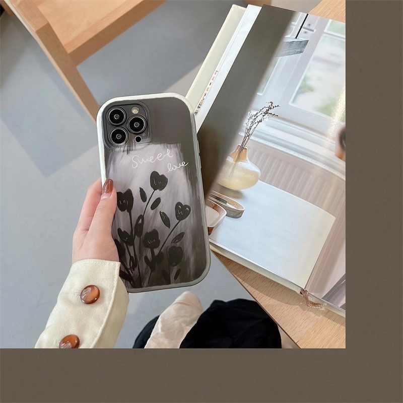 Soft Case Motif Print Bunga Hitam 13 12 Untuk iphone 11 pro xs max X XR 7 8 plus plfg