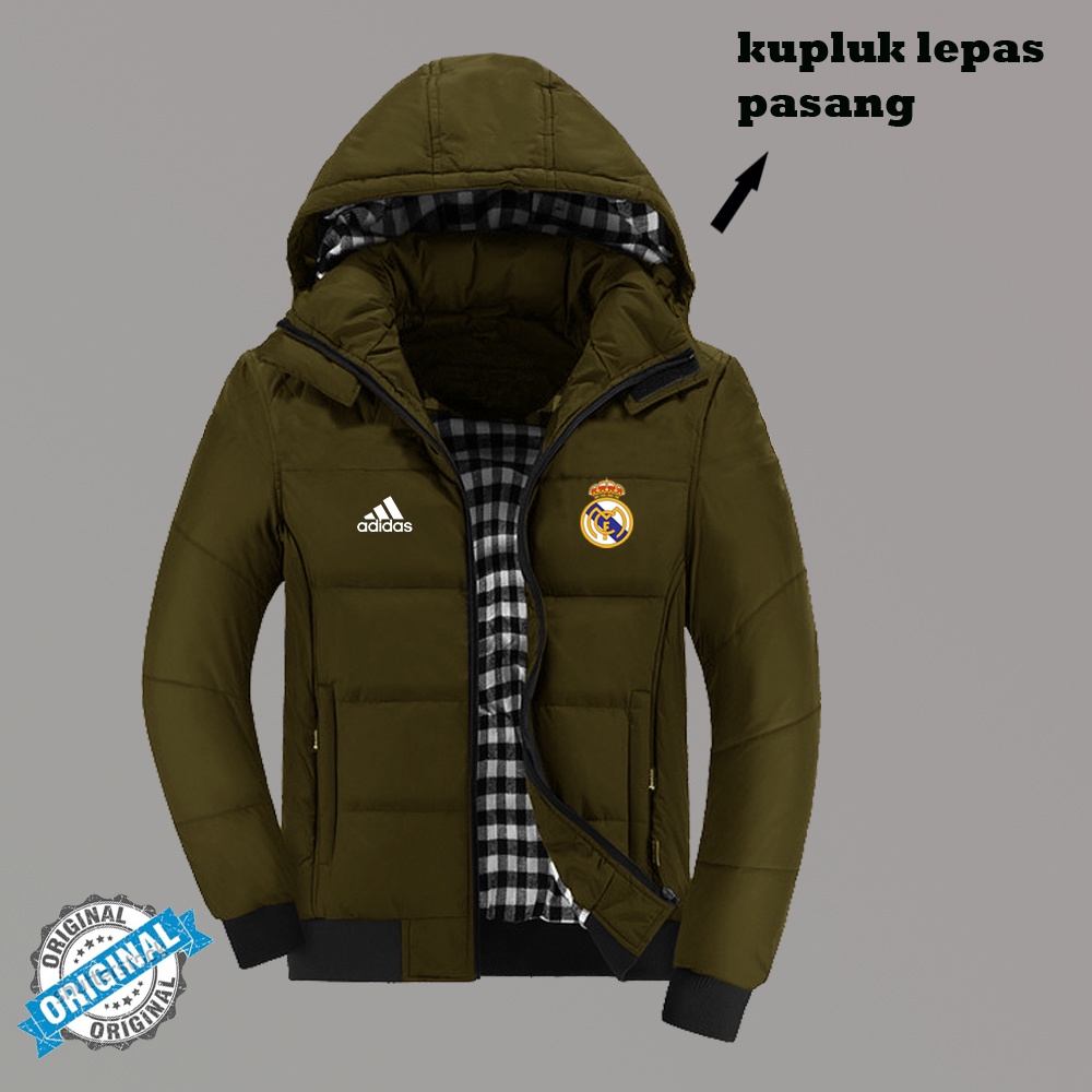 Jaket Parka Pria Musim Dingin Jaket Tebal Pria Logo Bola Real Madrid Custome Terbaru 2022 Keren Keki