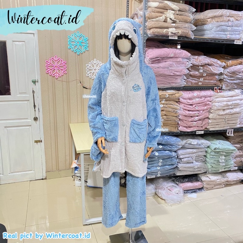 Pajamas set import korea piyama atasan celana 1 set wanita pria oversized baju tidur big size onesie shark hiu couple jumbo hangat winter