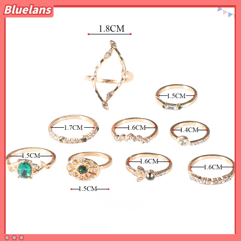 Bluelans 9Pcs / Set Cincin Buku Jari Aneka Bentuk Aksen Berlian Imitasi Untuk Wanita