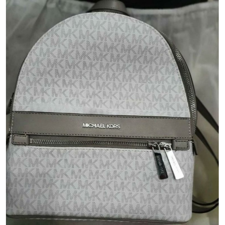 Michael Kors Kenly Medium Backpack Bright White MK Pearl Grey PVC Leather original