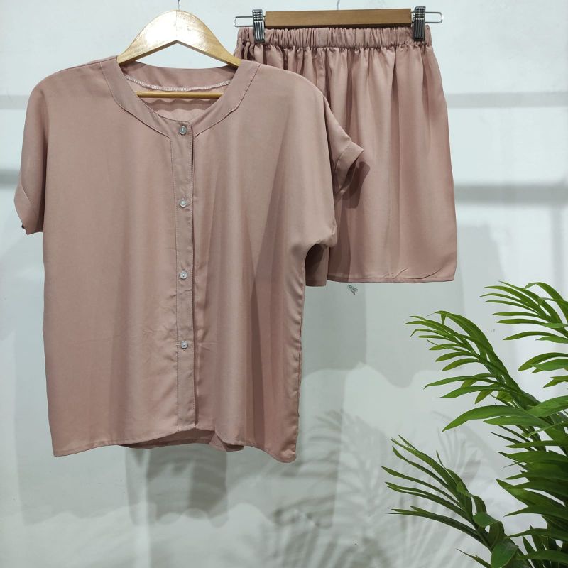 PIYAMA KANCING PENDEK | PIYAMA RAYON | BAJU TIDUR RAYON-VN SALEM MUDA