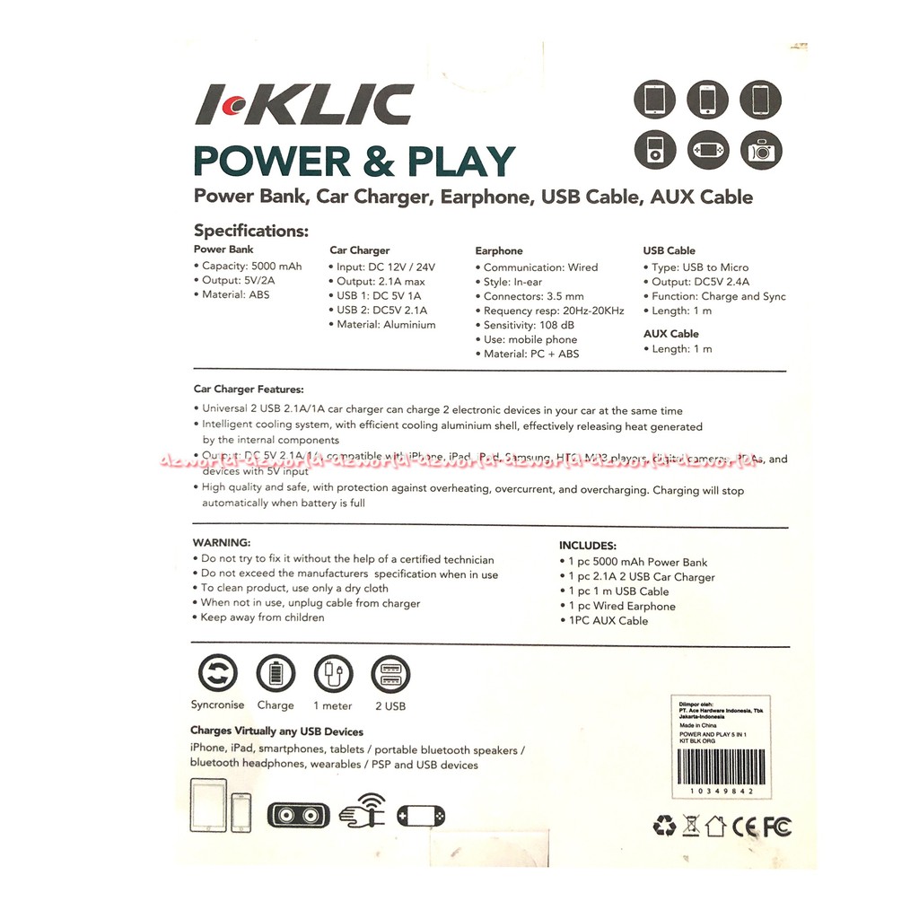 I Klic Power Play Powerbank Set Orange Charger 5000mAH