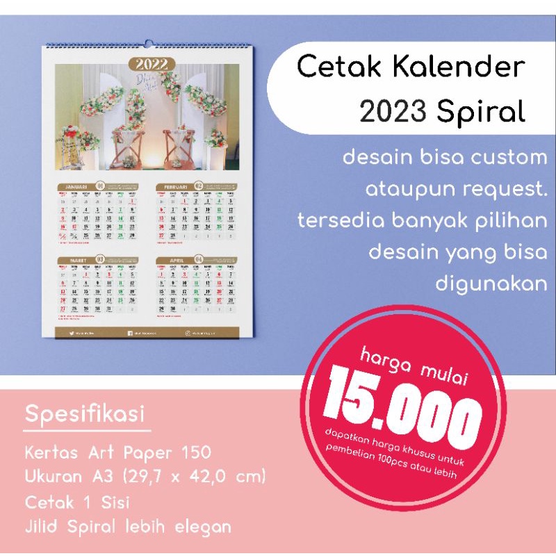 

Kalender Dinding 2023 Spiral A3+ Bisa Satuan Custom Desain Kertas Art Paper 150
