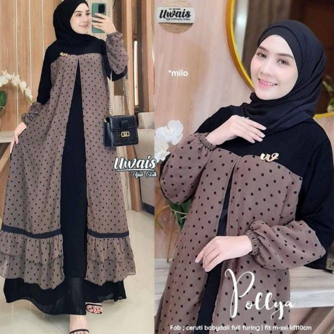 dinara maxi ceruty bebydoll kombinasi polka /gamis syarii ceruty bebydoll rompi/gamis  ceruty motif