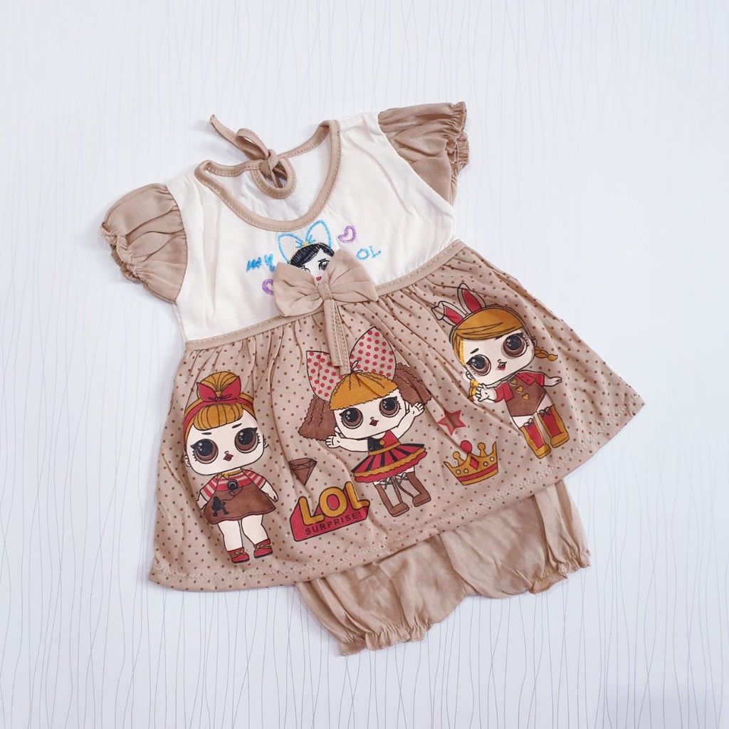 setelan dress anak cewe lucu hello kitty dan LOL coklat mocca