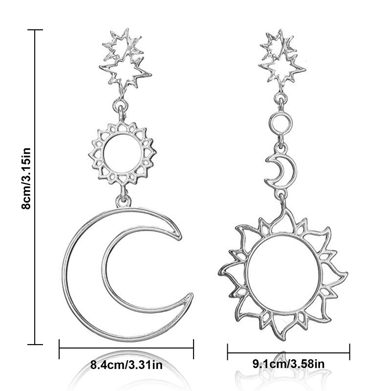 Anting Tusuk Asimetris Desain Matahari / Bulan / Bintang Hollow Gaya Korea / Gothic Untuk Wanita