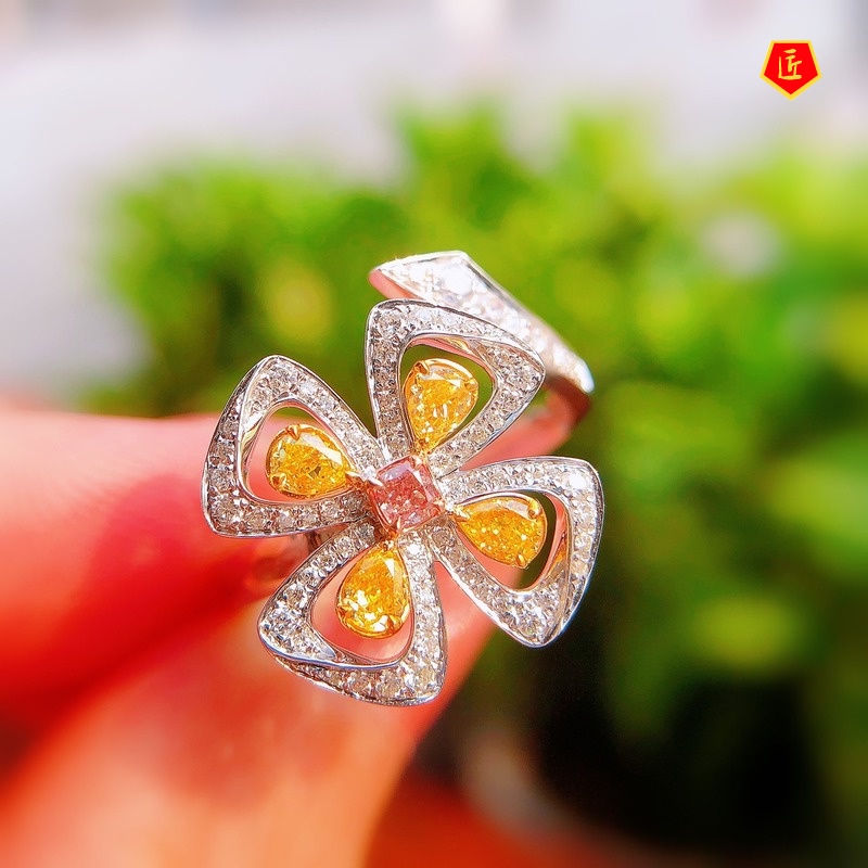 [Ready Stock]Pt950 Yellow Diamond Clover Flower Pink Crystal Ring Elegant Sweet