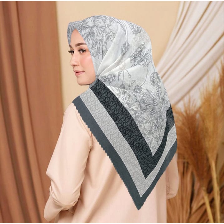 Terbaru !! Hijab Segiempat Motif Bunga Lukisan Kerudung Segiempat Motif Jilbab Voal