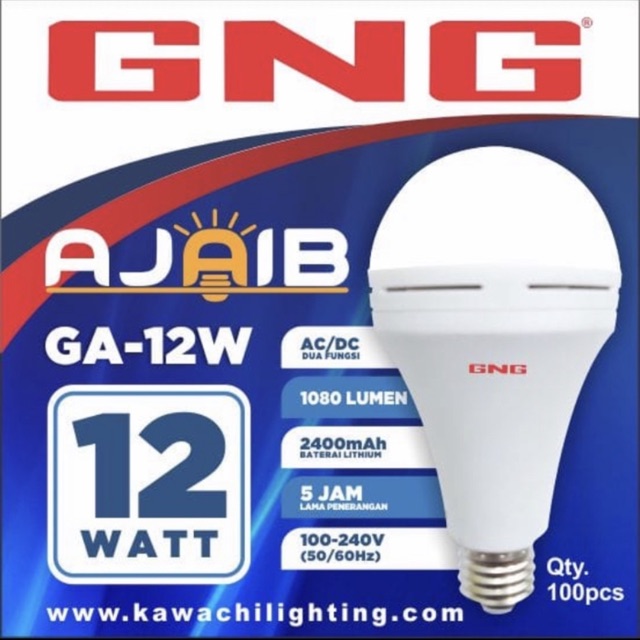 Lampu LED Ajaib 12 watt GNG otomatis nyala batrai bisa ganti ACDC