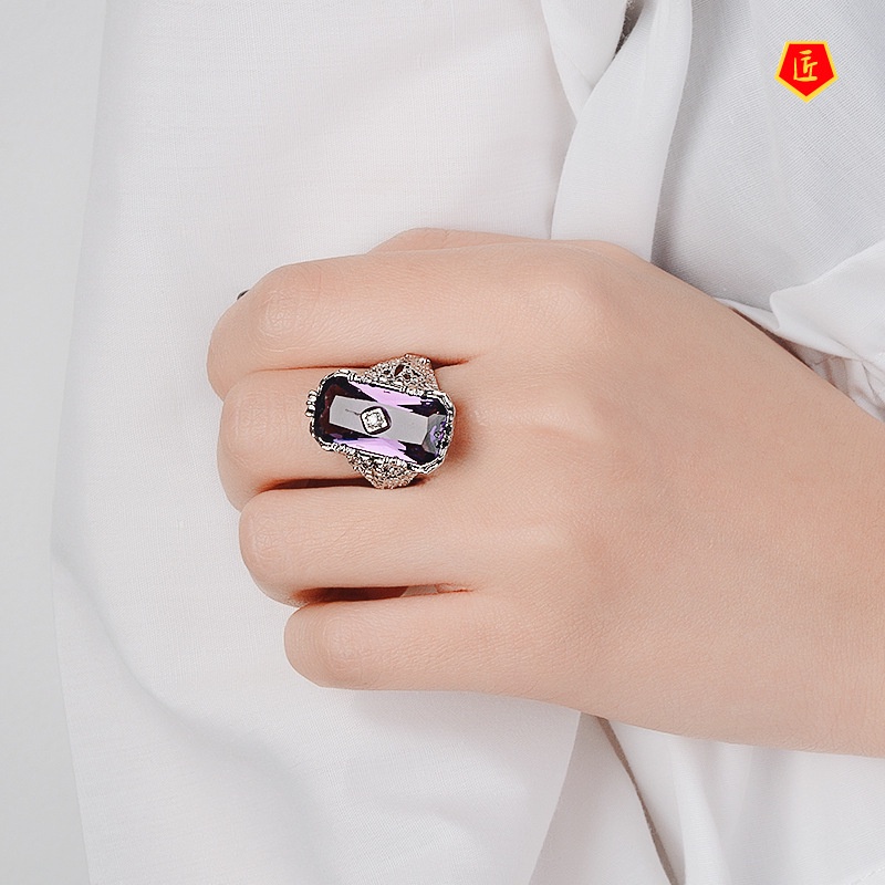 [Ready Stock]Personality Vintage Inlaid Chamfered Rectangular Amethyst Ring