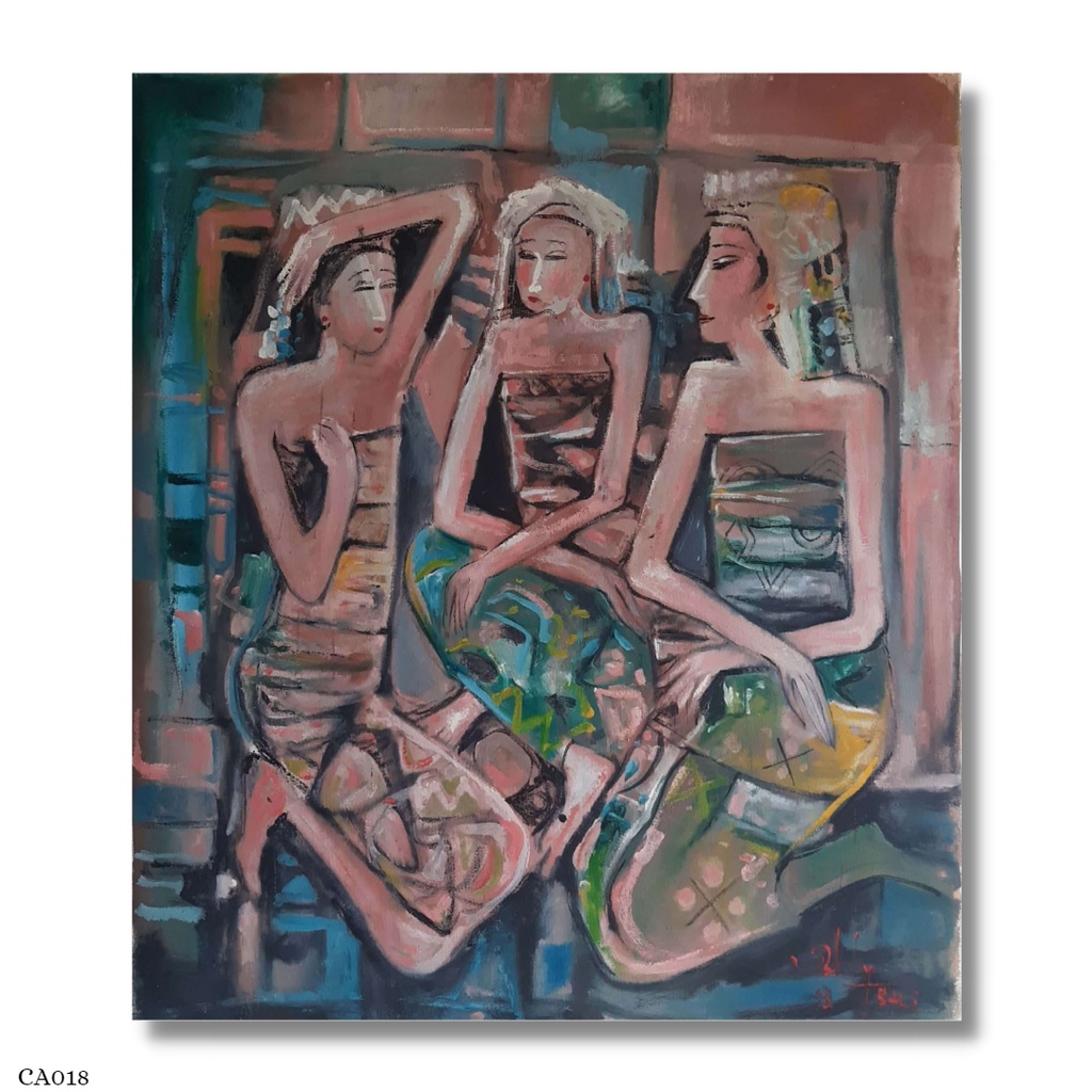 Lukisan Kanvas Minyak Gadis Bali by Sally Tahun 2000 Ukuran 65 x 75 cm